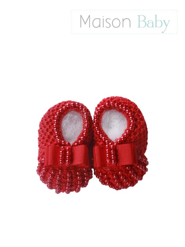 Sapatinho de Tricot - Laço Vermelho com Pérolas