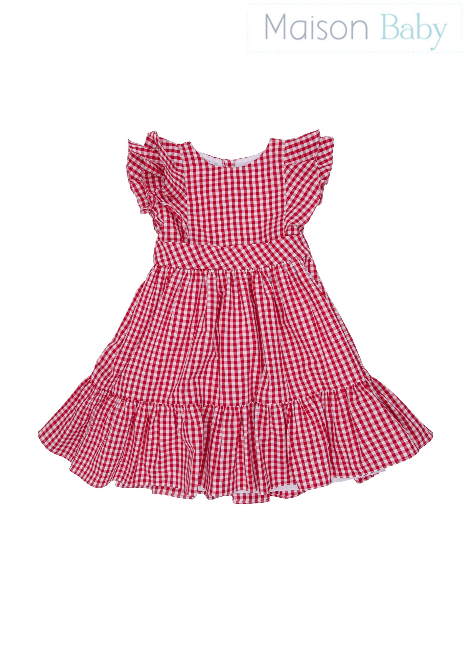 Vestido Midi INFANTIL Xadrez Vermelho com Decote e Mangas Bufantes - Isabel